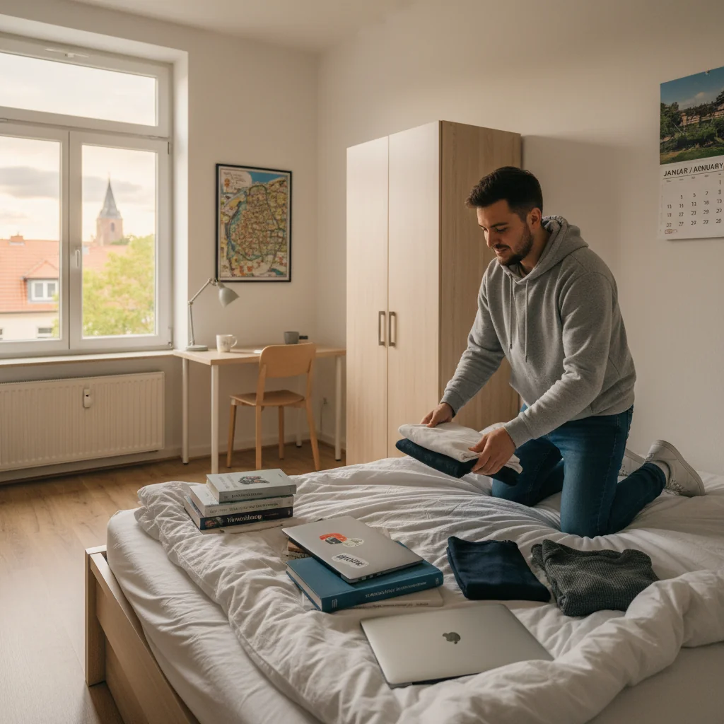 A photorealistic image depicting a young adult tenant settling into a cozy shared apartment room in Germany, symbolizing the concept of subletting a room under a sublease agreement. The scene shows the person unpacking a suitcase with clothes and books onto a bed in a bright, modern room with typical German urban apartment features like wooden floors, a window overlooking a city street, and neutral decor. The atmosphere is welcoming and independent, representing legal renting aspects without focusing on documents.