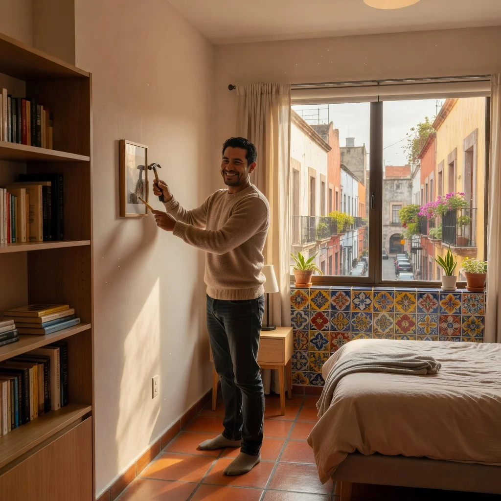 A photorealistic image depicting a welcoming rental room in a Mexican home, with an adult tenant settling in, such as unpacking a suitcase or arranging furniture, to represent the purpose of a room rental agreement. No children are present in the image.