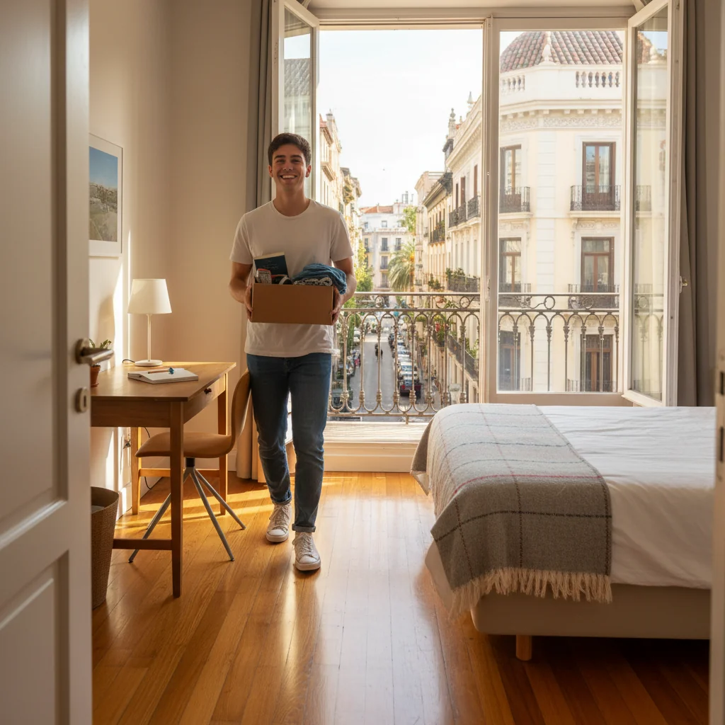 A photorealistic image of a young adult tenant moving into a cozy, modern rented room in Spain, unpacking boxes with a window view of a typical Spanish urban street, symbolizing the start of a new living arrangement under a room rental agreement.
