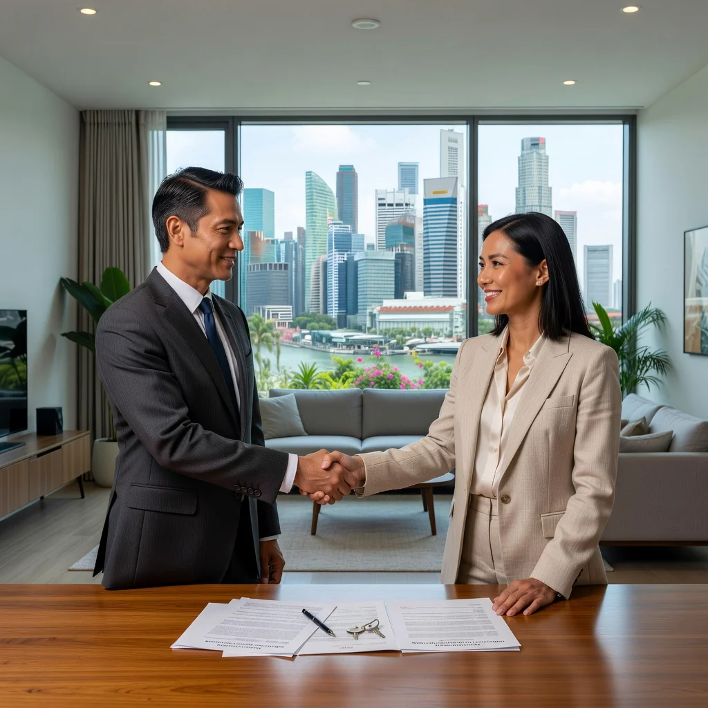 A photorealistic image of two adults shaking hands in a modern Singaporean apartment, with city skyline visible through the window, symbolizing a tenancy agreement signing between landlord and tenant.