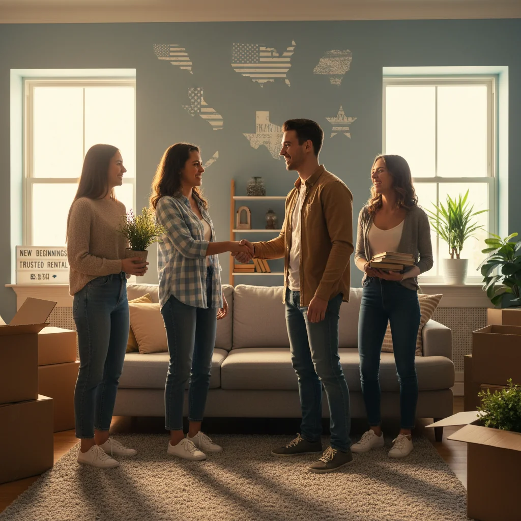 A diverse group of roommates happily sharing a modern living space in the US, with elements like a welcome sign, keys, and a map of the United States in the background, symbolizing legal room rental agreements and harmonious cohabitation across the country.