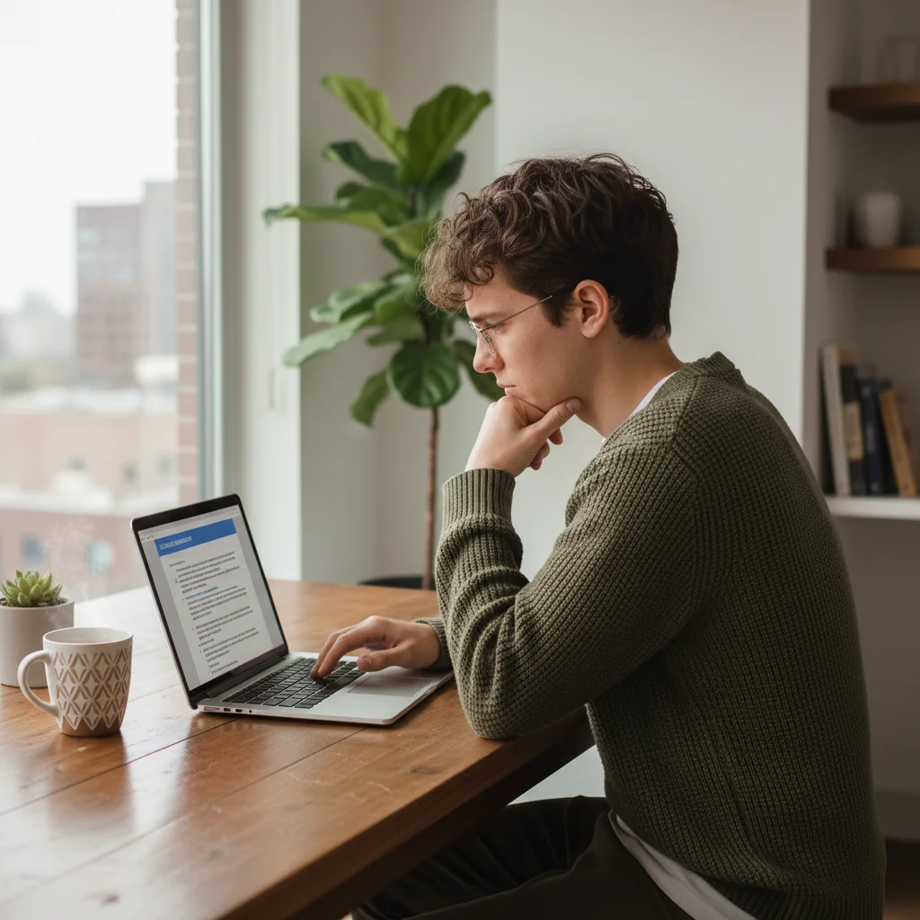 A photorealistic image of a young adult carefully reviewing a sublease agreement for a room in a shared apartment, sitting at a kitchen table with a laptop open, looking thoughtful and attentive, with modern apartment interior in the background, no legal documents visible, no children present.