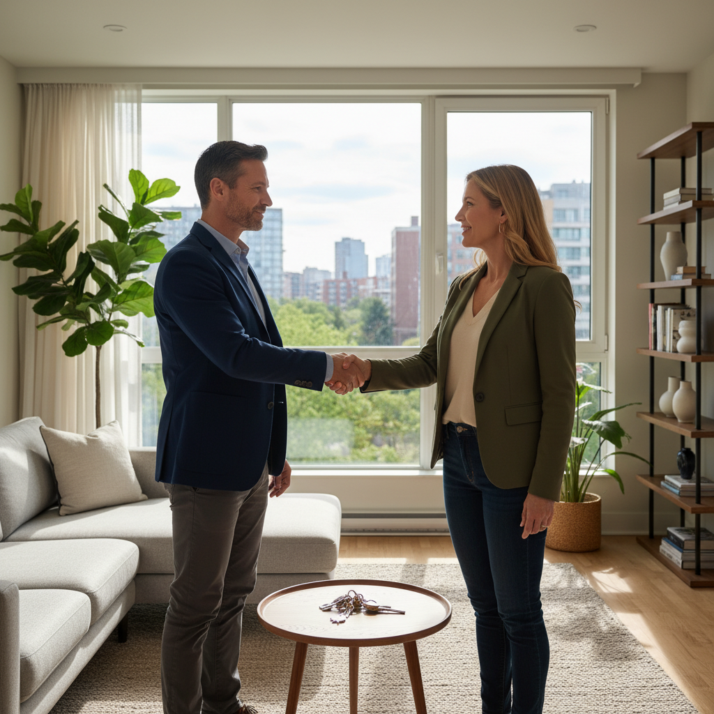 A photorealistic image of two adults shaking hands over a set of house keys in a modern apartment setting, symbolizing the agreement in a housing rental contract, with a subtle background of a leased home interior, conveying resolution and trust without any legal documents visible.