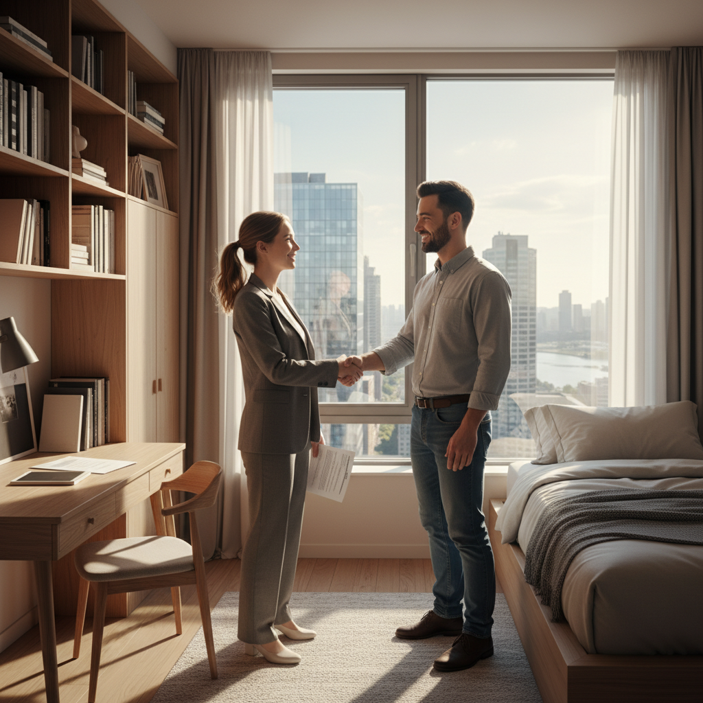 A photorealistic image of two young adults in a cozy, modern rented room, shaking hands with a landlord figure, symbolizing a room rental agreement. The room features a bed, desk, and window with city view, conveying trust and accommodation without showing any legal documents or children.