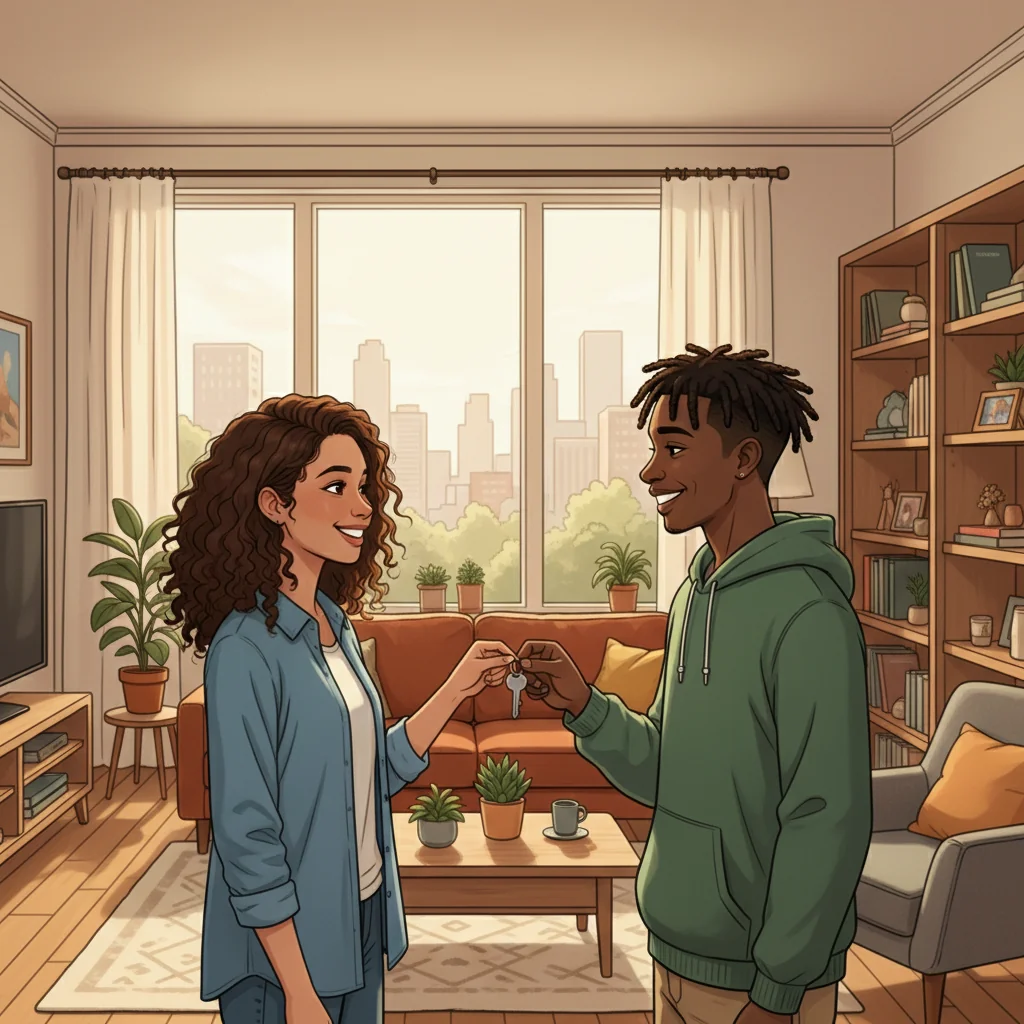 A welcoming and modern shared living space in the US, featuring two roommates shaking hands in a cozy living room with comfortable furniture, houseplants, and a window showing a suburban view, symbolizing a harmonious room rental agreement.
