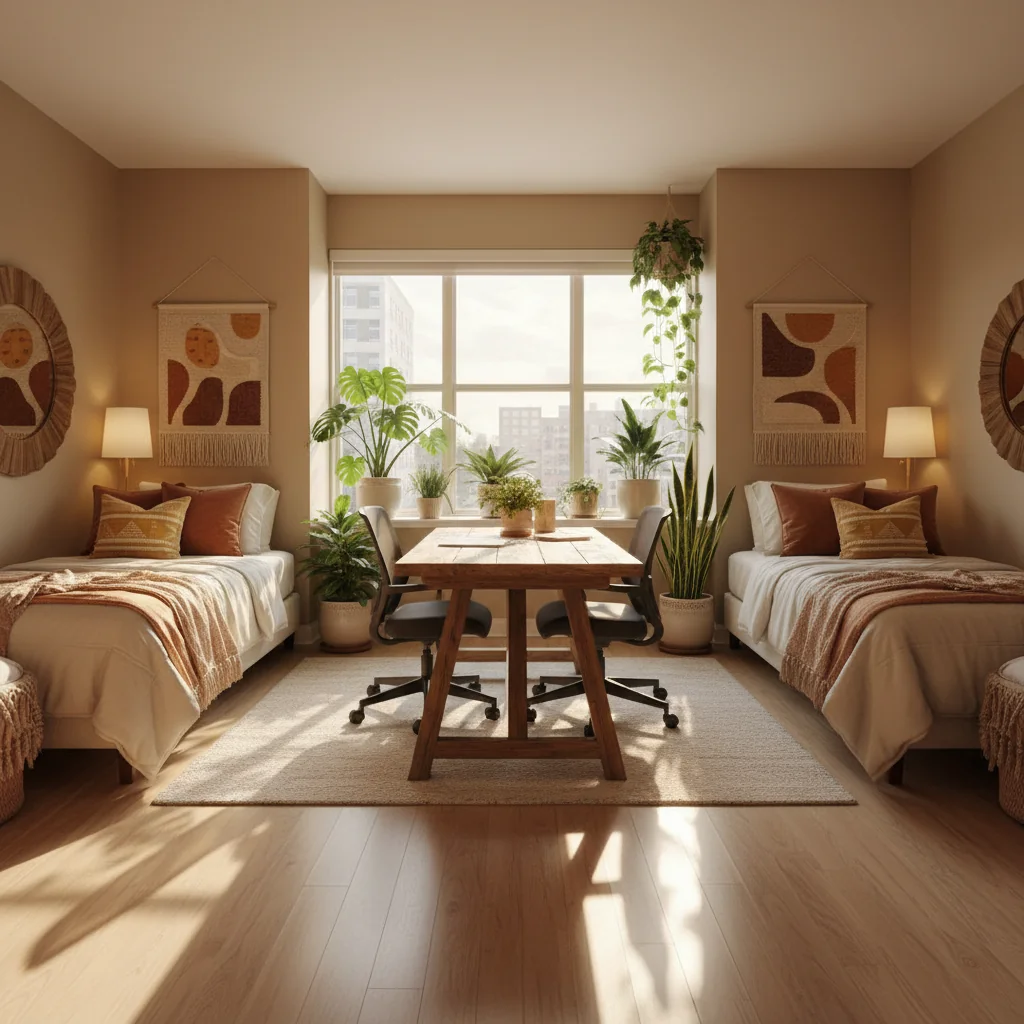 A welcoming and modern shared living space in a US home, showing a cozy room with comfortable furniture, natural light from a window, and subtle elements suggesting roommates coexisting harmoniously, like shared amenities or a friendly atmosphere, evoking trust and security in rental arrangements without displaying any legal documents.