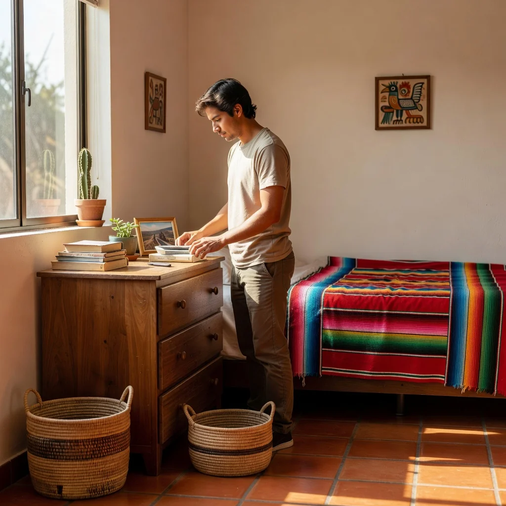 A photorealistic image depicting a young adult renting a cozy room in a modern Mexican apartment, symbolizing the rental agreement process. Show the person unpacking belongings in a bright, welcoming bedroom with Mexican cultural elements like colorful textiles or a window view of a cityscape, evoking trust and comfort in housing arrangements. No children, no legal documents visible.