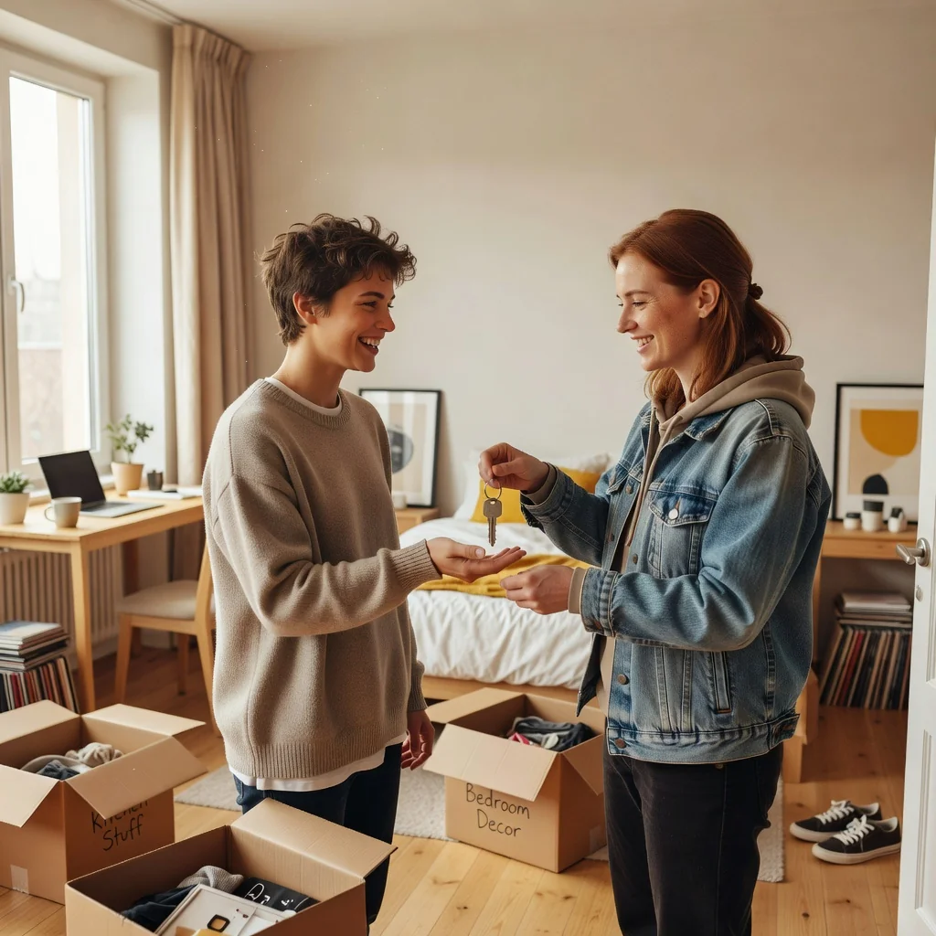 A photorealistic image depicting a welcoming rented room in an apartment, showing an adult tenant comfortably arranging furniture or unpacking belongings, with a roommate in the background handing over keys, symbolizing the rights and obligations in a room rental agreement, warm and inviting atmosphere.