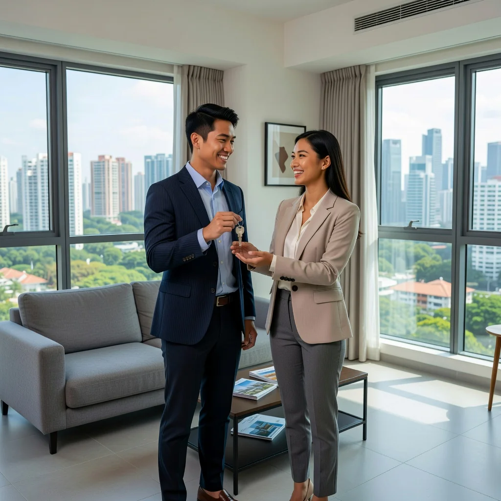 A photorealistic image of a young adult couple in a modern Singapore apartment, standing together with keys in hand, looking relieved and happy after signing a tenancy agreement, symbolizing successful avoidance of common rental pitfalls in Singapore's housing market.