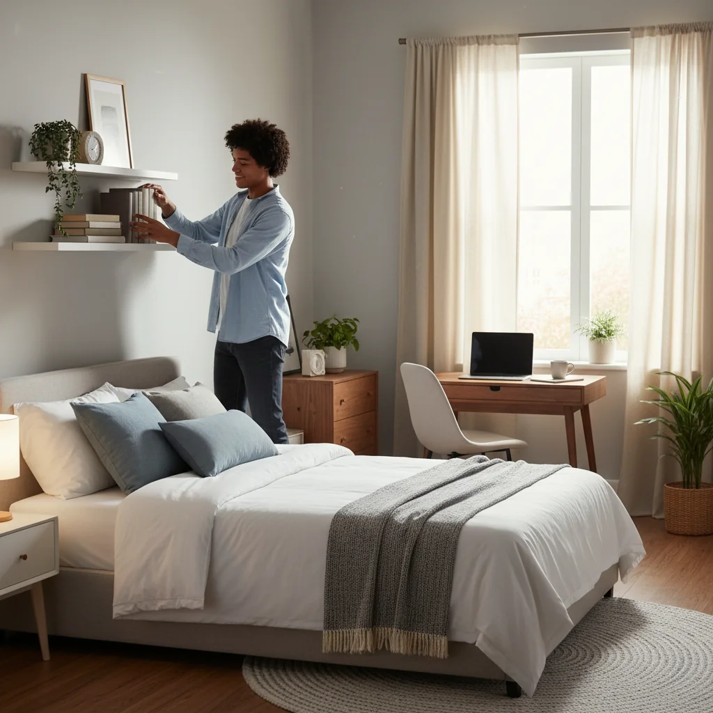 A photorealistic image of a young adult tenant happily settling into a cozy furnished room in a shared apartment, unpacking a suitcase on a bed with warm lighting, evoking the comfort and independence of renting a furnished bedroom, no children present.