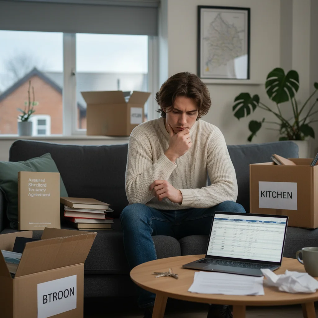 A photorealistic image of a young adult tenant looking stressed while reviewing a tenancy agreement in a modern UK apartment, with moving boxes and keys nearby, symbolizing common pitfalls in renting. The scene captures the essence of avoiding mistakes in UK tenancy without focusing on the document itself.