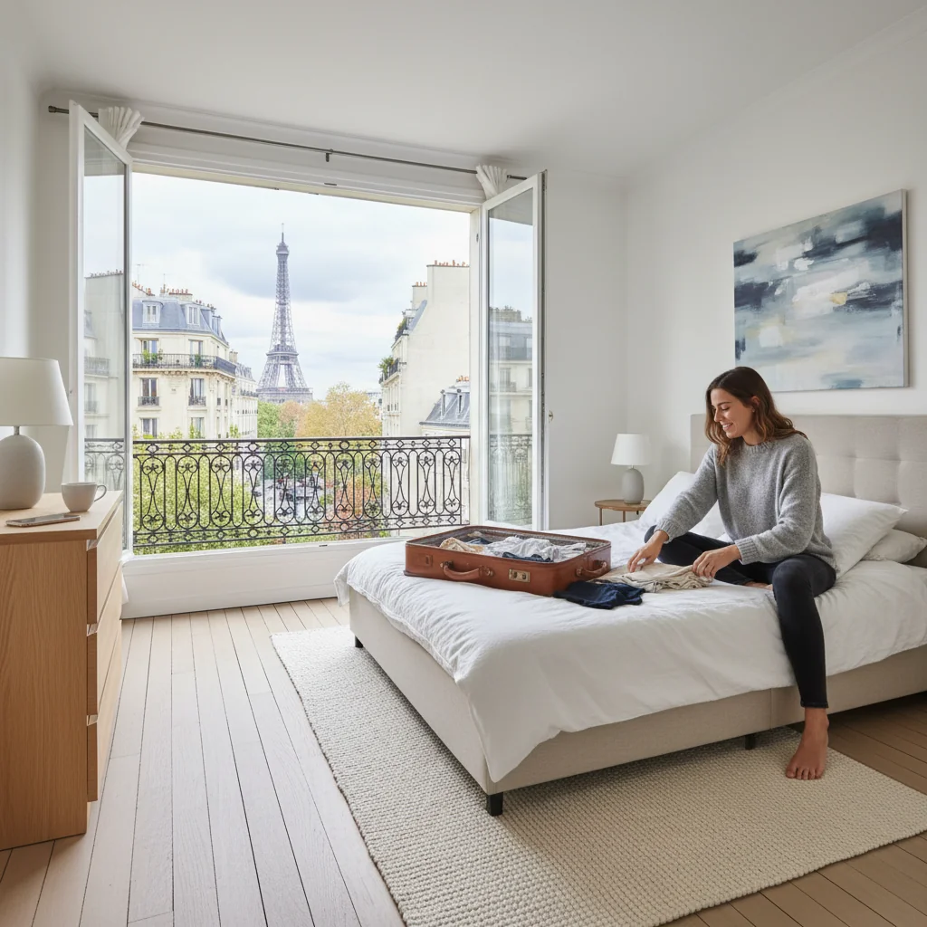 A photorealistic image depicting a welcoming rental room in a French apartment, with an adult tenant settling in by unpacking a suitcase, emphasizing the comfort and legality of renting a room in France, suitable for an article on drafting a room rental lease.