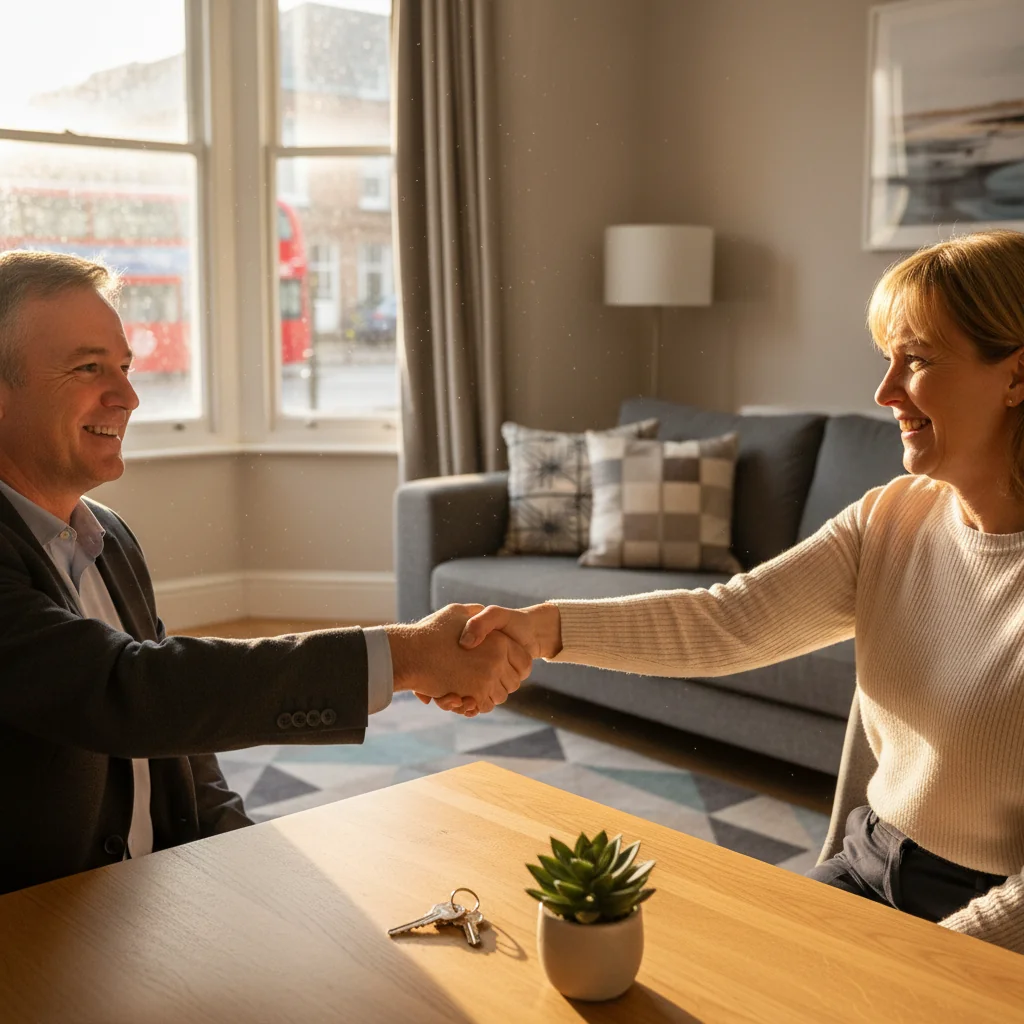 A photorealistic image of two adults shaking hands in a modern UK living room, with a set of house keys on a nearby table, symbolizing the agreement of a tenancy lease. The scene conveys trust and the start of a rental arrangement, with warm natural light from a window overlooking a typical British street.