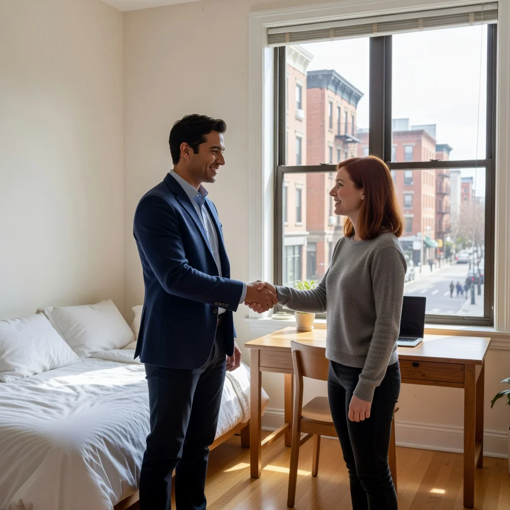 A photorealistic image of two young adults shaking hands in a cozy, well-lit rental room with modern furniture, a bed, and a window showing a city view, symbolizing a room rental agreement between landlord and tenant.