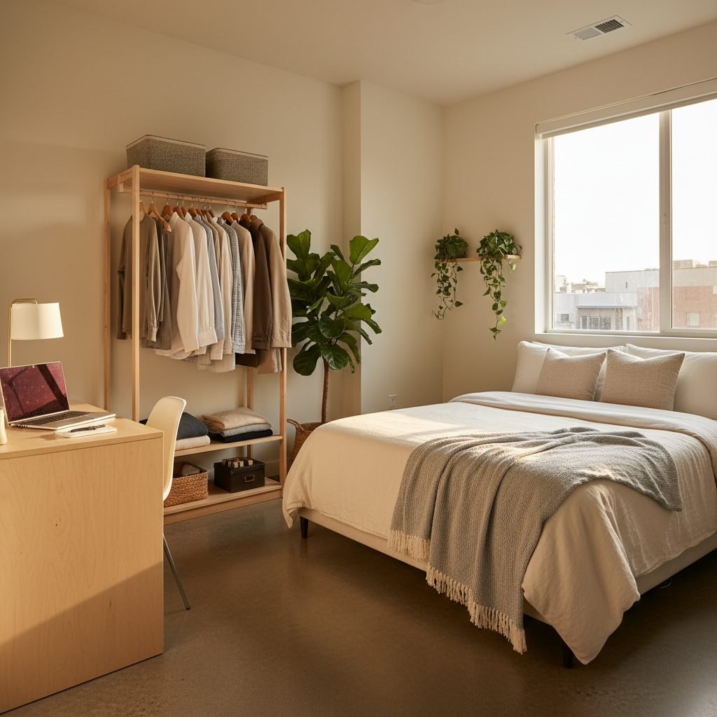 A photorealistic image depicting a cozy, modern rented bedroom in an apartment, showcasing a comfortable bed, a desk with a laptop, natural light from a window, and subtle elements suggesting shared living like a roommate's belongings, evoking a sense of security and independence in renting a room.