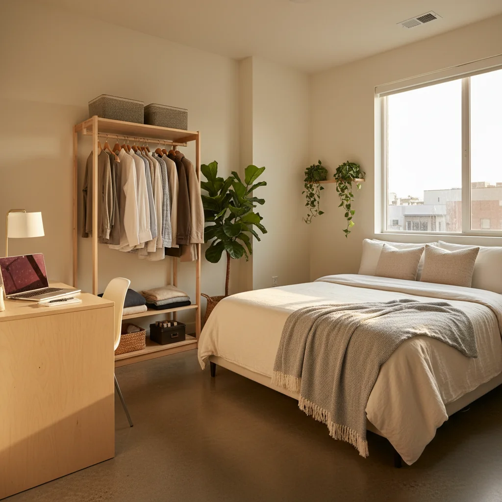 A photorealistic image depicting a cozy, modern rented bedroom in an apartment, showcasing a comfortable bed, a desk with a laptop, natural light from a window, and subtle elements suggesting shared living like a roommate's belongings, evoking a sense of security and independence in renting a room.
