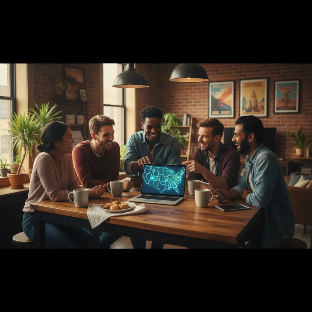 A diverse group of roommates in a cozy modern apartment, smiling and discussing terms over coffee at a kitchen table, with maps of US states subtly in the background to represent state-specific variations in room rental agreements.
