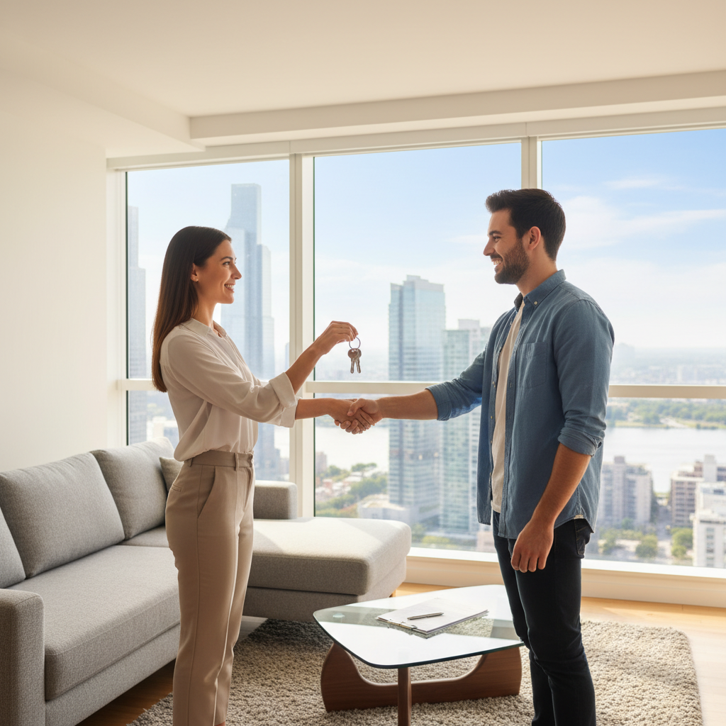 A photorealistic image of two young adults shaking hands over a set of house keys in a modern apartment living room, symbolizing a successful rental agreement without any legal documents visible.
