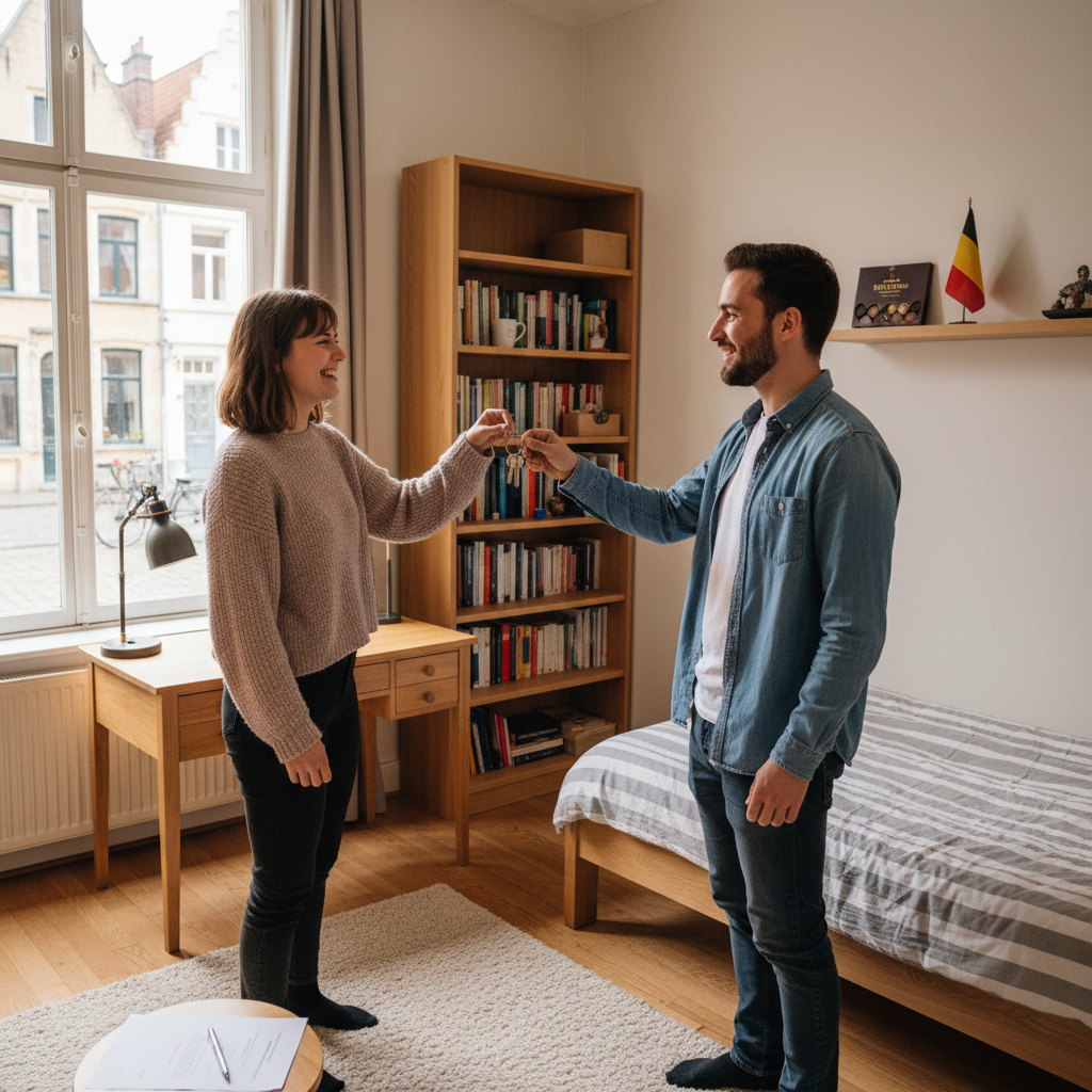 A photorealistic image of two young adults, one handing keys to the other in a cozy, modern rented bedroom in Belgium, symbolizing the start of a room rental agreement, with subtle Belgian elements like a waffle or beer in the background, no legal documents visible, no children present.