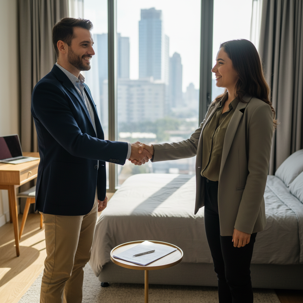 A photorealistic image depicting a professional adult landlord and tenant shaking hands in a well-maintained rental apartment, symbolizing mutual agreement and respect in a room rental arrangement. The scene includes elements like a lease agreement subtly in the background on a table, with warm lighting to convey trust and harmony. No children are present in the image.