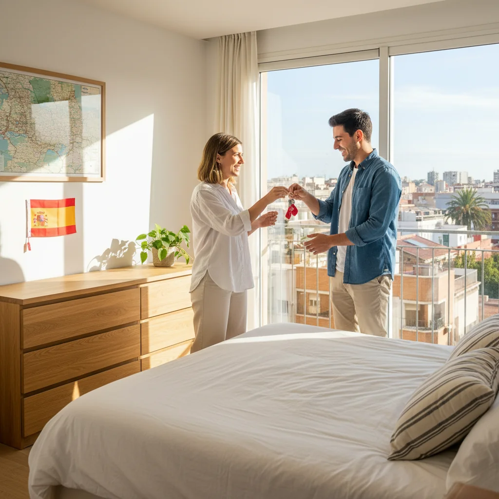 A photorealistic image of two young adults, one handing over keys to a cozy rented room in a modern Spanish apartment, symbolizing the start of a room rental agreement, with warm lighting and typical Spanish decor in the background, no children present.