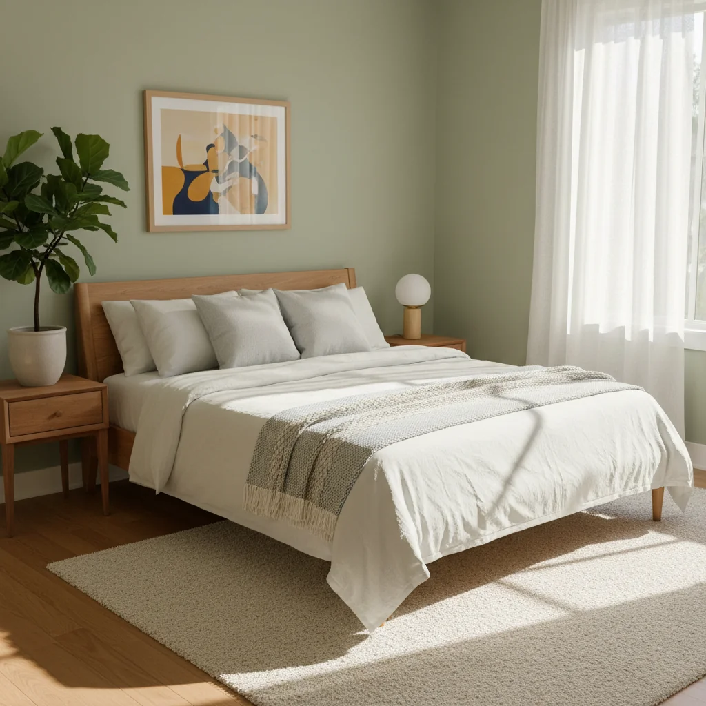 A welcoming shared living space in a modern American apartment, showing a cozy bedroom with a neatly made bed, a small desk, and natural light from a window overlooking a cityscape, symbolizing comfortable room rental living without focusing on documents.