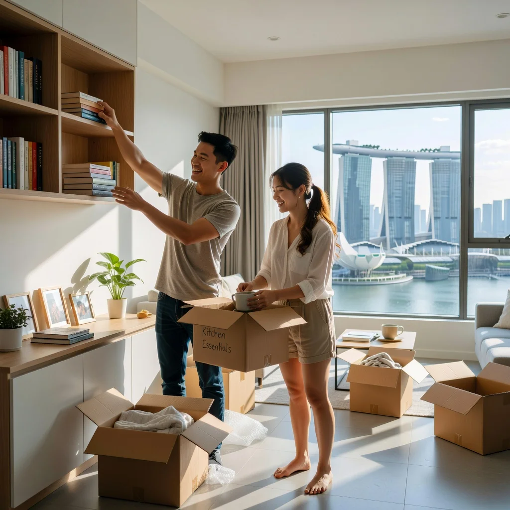A photorealistic image of a young adult couple in a modern Singaporean apartment, happily unpacking boxes and arranging furniture, symbolizing the excitement of starting a new tenancy without any legal documents visible.