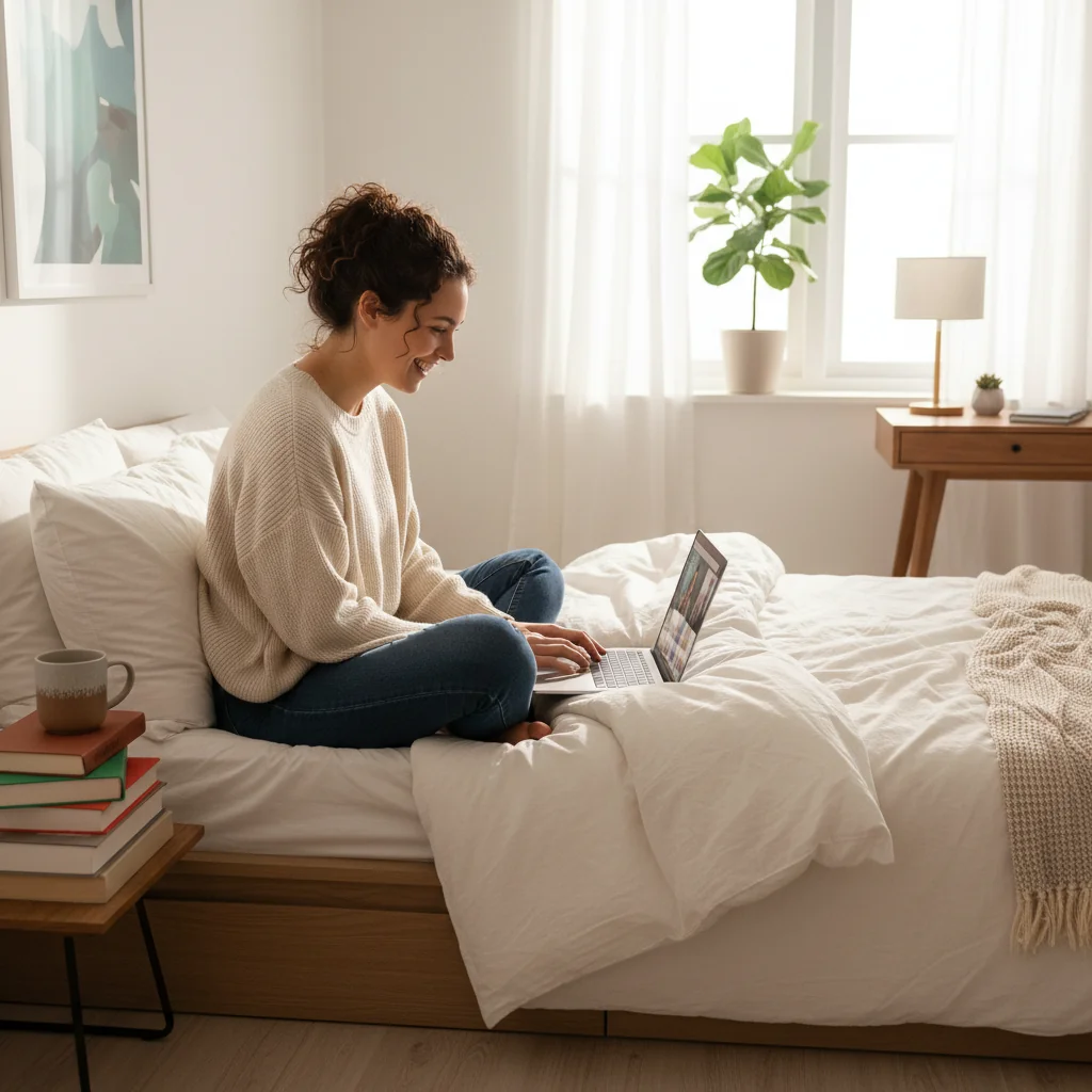 A photorealistic image of a young adult woman relaxing comfortably in a cozy, modern bedroom apartment, sitting on a bed with a laptop on her lap, smiling contentedly as she settles into her new sublet space. The room features warm lighting, plants, and personal touches indicating a welcoming home environment for renting a single room.
