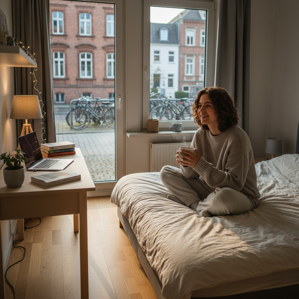 A photorealistic image of a young adult renting a room in a shared apartment in Germany, showing them relaxing in a cozy bedroom with typical German urban elements like a window view of a city street, symbolizing the purpose of a sublease agreement for a room without focusing on any documents.
