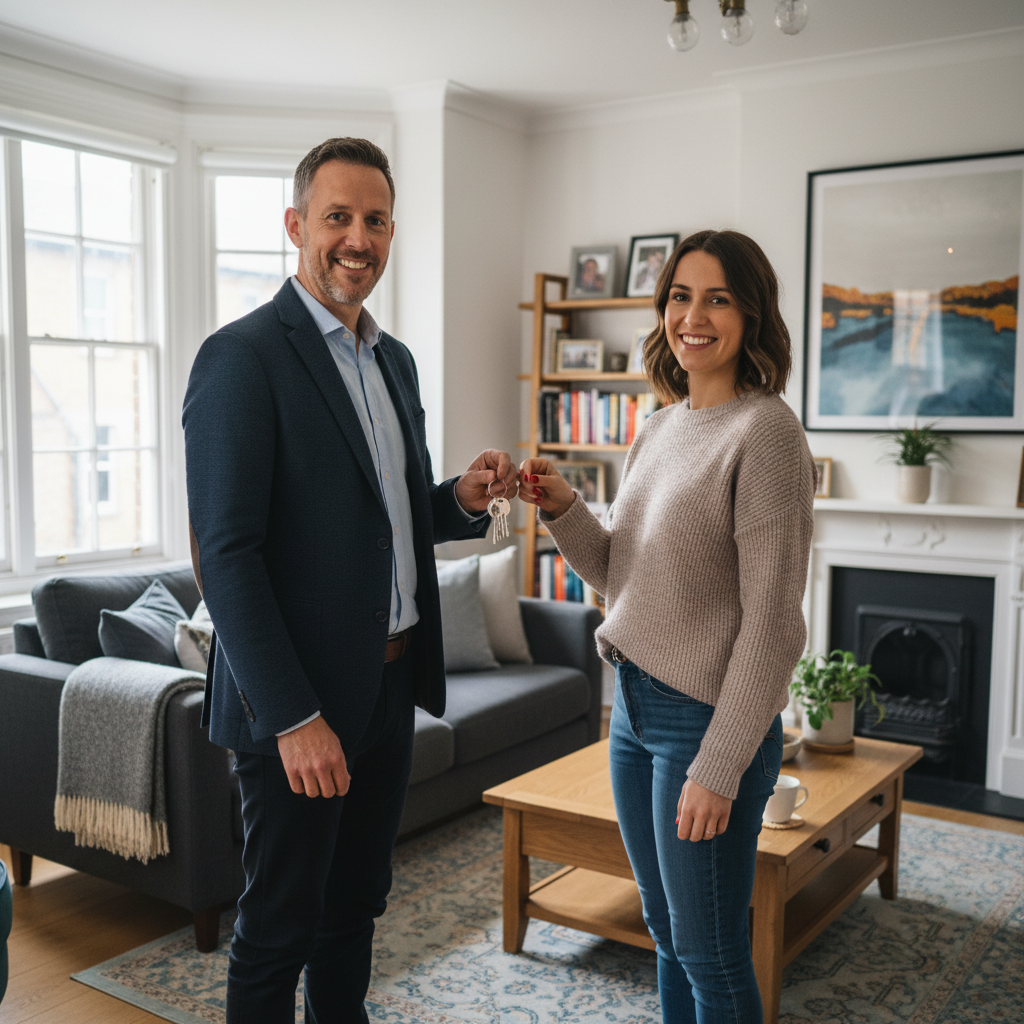 A photorealistic image of a professional adult shaking hands with a real estate agent in a modern UK apartment, symbolizing the signing of a tenancy agreement, with subtle British elements like a Union Jack flag in the background. No children visible.