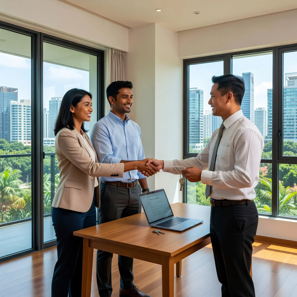 A photorealistic image of a young adult couple happily shaking hands with a real estate agent in a modern Singapore apartment, symbolizing the signing of a tenancy agreement and starting a new home. The scene captures the excitement of moving into a new rental space, with subtle Singapore elements like a view of the city skyline through the window. No children are present in the image.