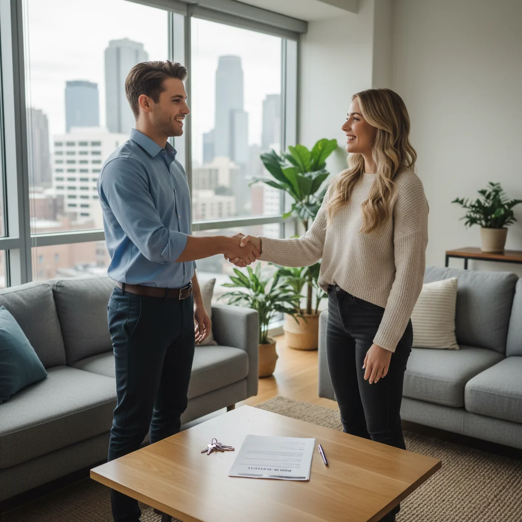 A photorealistic image depicting two young adults in a modern, cozy apartment living room, shaking hands over a coffee table with keys and a rental agreement nearby, symbolizing the agreement for room rental in the United States. The scene conveys trust, partnership, and the excitement of sharing a living space, with warm natural light filtering through windows, no children present.