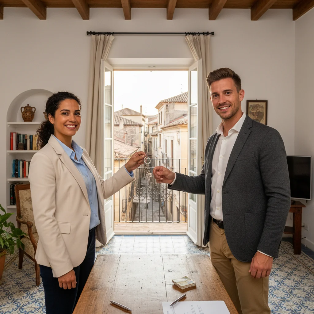 A photorealistic image of two young adults shaking hands in a cozy, modern rented room in Spain, with a window showing a view of a Spanish cityscape, symbolizing a room rental agreement.