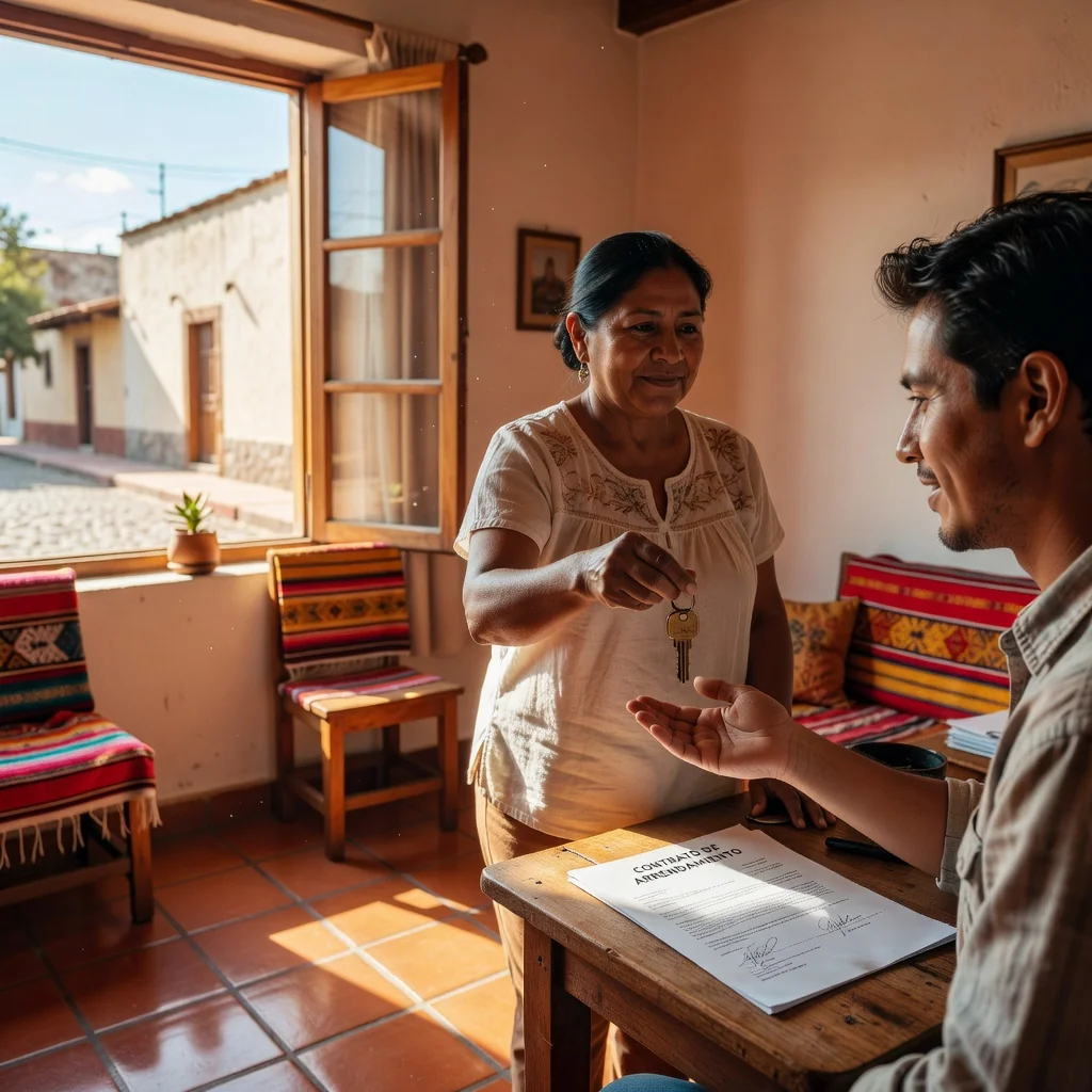 A photorealistic image of two adults shaking hands in a cozy, well-lit rental room in Mexico, symbolizing the agreement of a room lease contract, with subtle Mexican cultural elements like colorful walls or a window view of a vibrant neighborhood, conveying trust and a new beginning for renting.