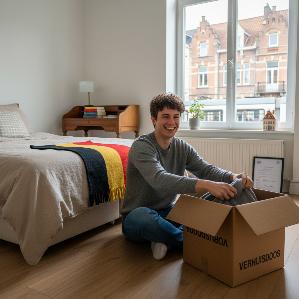 A photorealistic image of a young adult tenant happily moving into a cozy, modern single room apartment in Belgium, unpacking boxes with personal items, surrounded by warm lighting and subtle Belgian architectural elements like a window with a view of a European street, conveying a sense of security and new beginnings in rental housing, no children present.