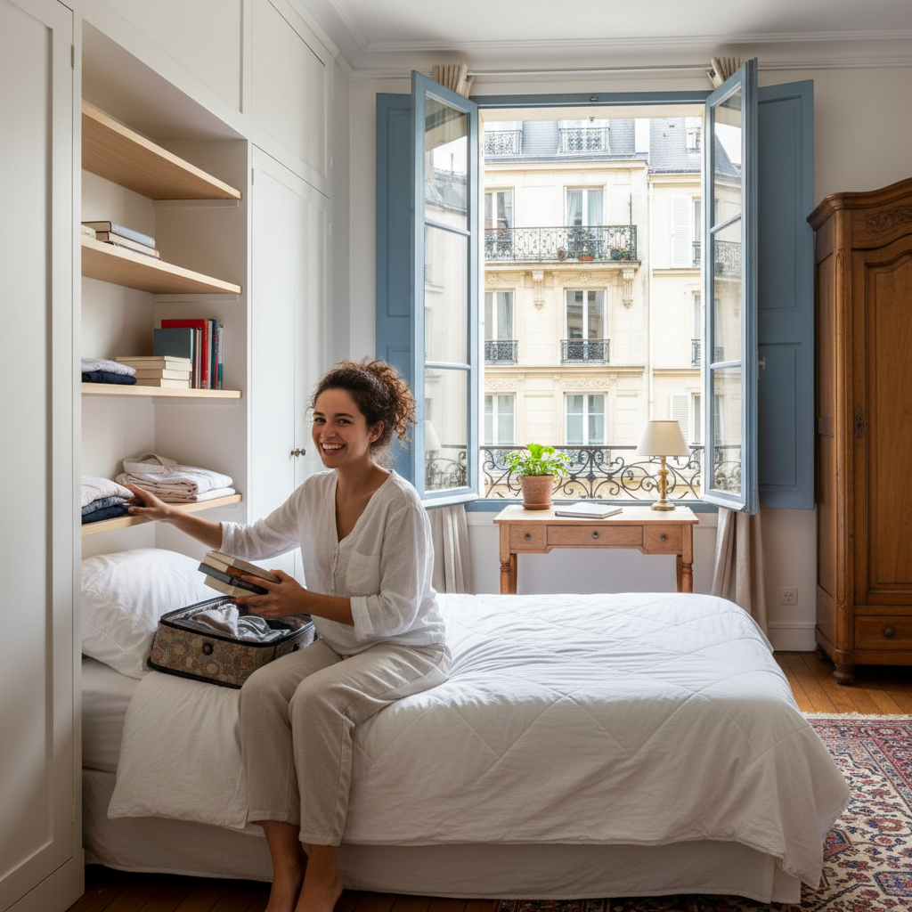 A photorealistic image of an adult tenant happily moving into a cozy furnished bedroom in a French apartment, unpacking a suitcase with clothes and books, surrounded by typical French decor like a window with shutters overlooking a Parisian street, symbolizing the start of a rental agreement for a room.