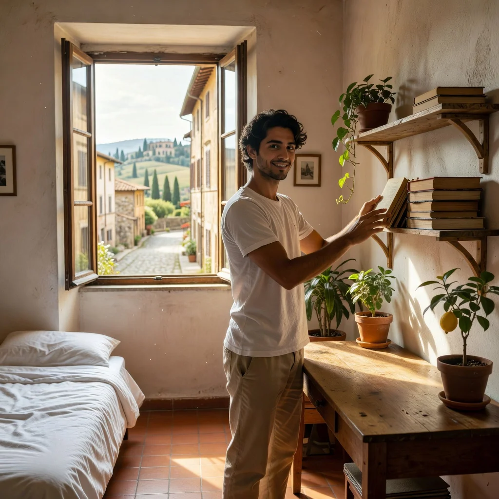 A photorealistic image depicting a young adult renting a cozy room in an Italian apartment, symbolizing the purpose of a room rental agreement. Show the person unpacking a suitcase in a sunny, modern bedroom with Italian decor like wooden furniture and a window view of a Tuscan landscape, evoking a sense of new beginnings and comfortable living in Italy. No legal documents visible. Exclude any children or minors from the scene.