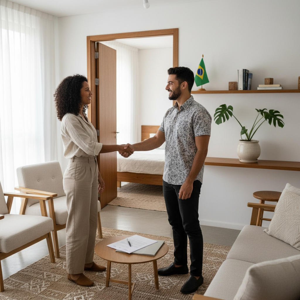 A photorealistic image of two young adults shaking hands in a modern Brazilian apartment, symbolizing the agreement for renting a single room, with a visible bedroom door in the background and subtle Brazilian elements like a flag or tropical plants, conveying trust and legal rental purpose without showing any documents or children.