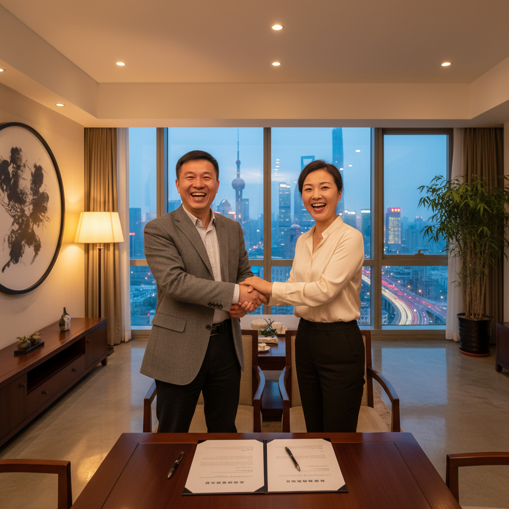 A photorealistic image of two adults shaking hands in a modern Chinese apartment, symbolizing a house rental agreement, with subtle Chinese cultural elements in the background like a city skyline view from the window.