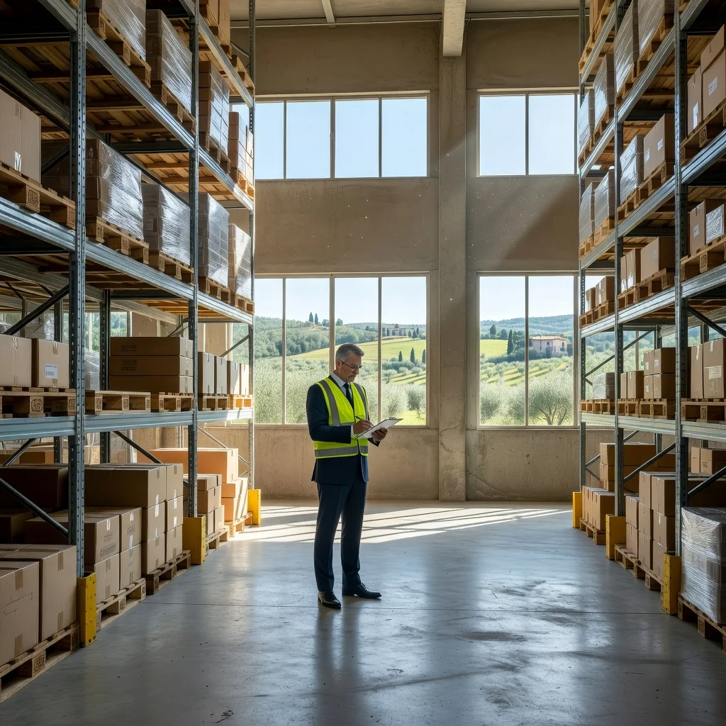 A photorealistic image depicting a modern warehouse in Italy with storage racks filled with goods, a professional adult worker in business attire standing in the foreground, inspecting inventory, with subtle Italian architectural elements in the background like terracotta roofs or olive trees visible through large windows, conveying a sense of organization and commercial leasing activity.