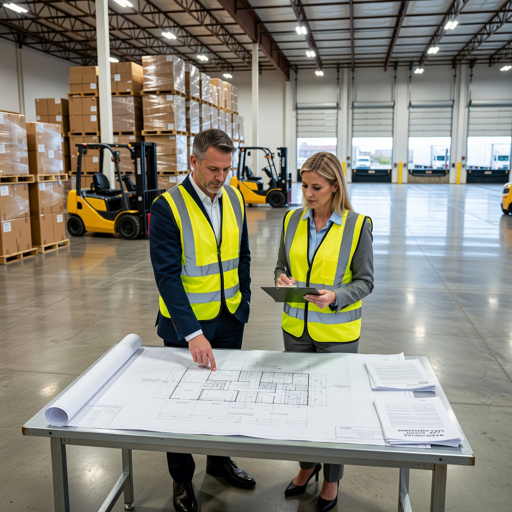 A photorealistic image of a modern warehouse facility in the United States, featuring adult workers in safety gear discussing a lease agreement over a blueprint on a table, with industrial shelves and forklifts in the background, symbolizing navigation of legal requirements for warehouse leases across US states. No children are present in the image.