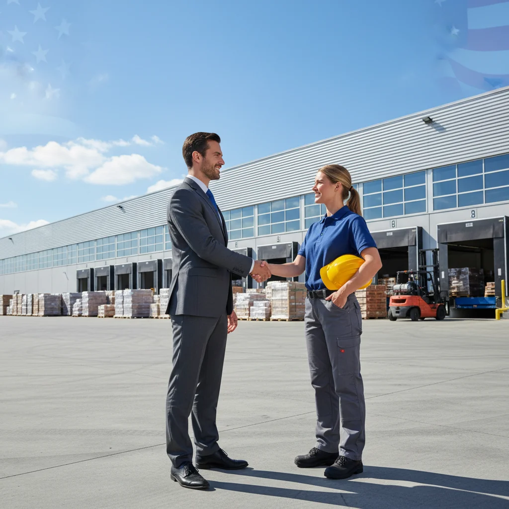 A professional business negotiator shaking hands with a warehouse manager in front of a modern industrial warehouse building under a clear blue sky, symbolizing a successful lease agreement.