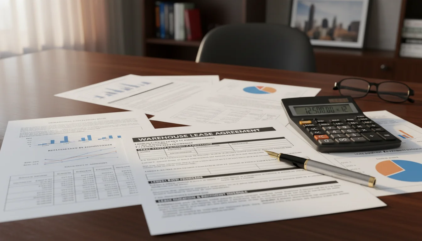 Calculator and pen on financial lease documents.