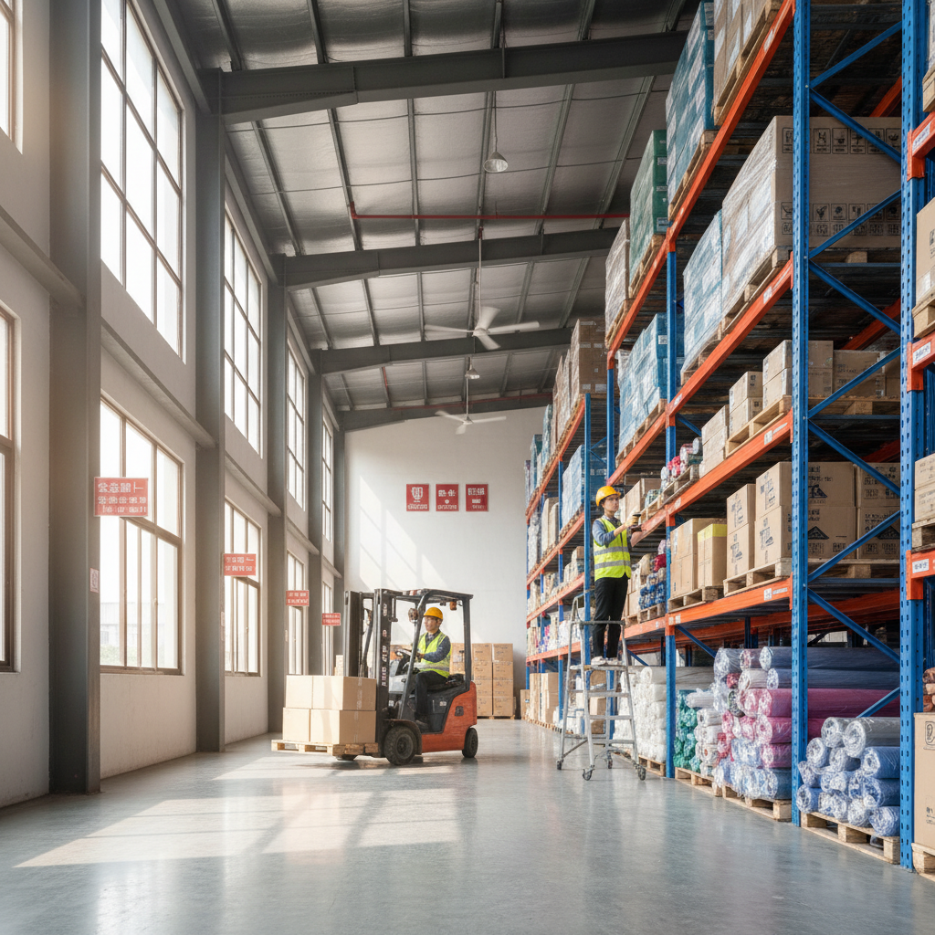 A photorealistic image of a modern warehouse facility in China, showing adult workers in professional attire inspecting and organizing goods on shelves, with elements like forklifts and storage racks in the background, conveying the concept of leasing space for business storage without focusing on any legal documents.