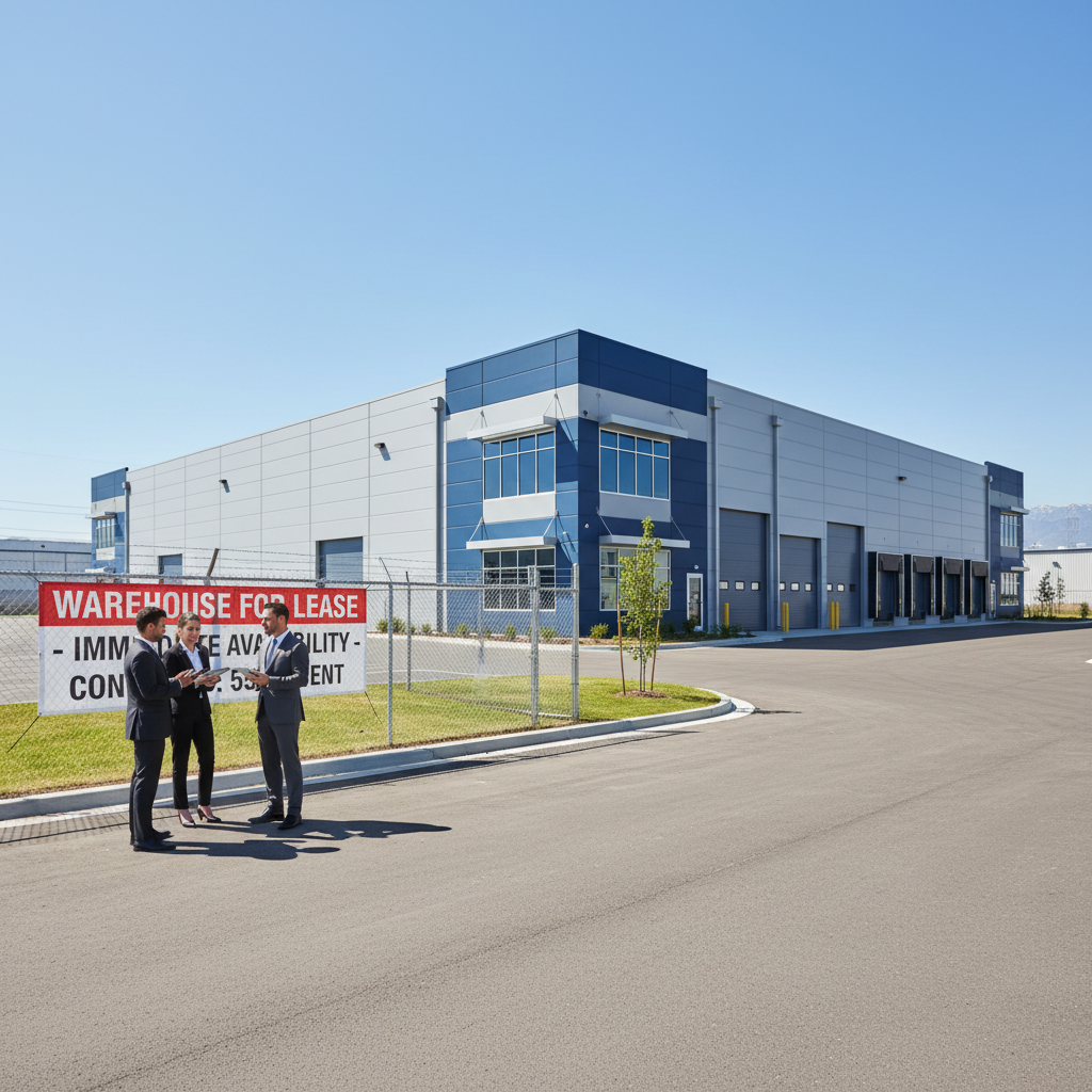 A photorealistic image of a modern industrial warehouse exterior with a 'For Lease' sign, surrounded by a professional business setting, symbolizing warehouse rental agreements without showing any legal documents.