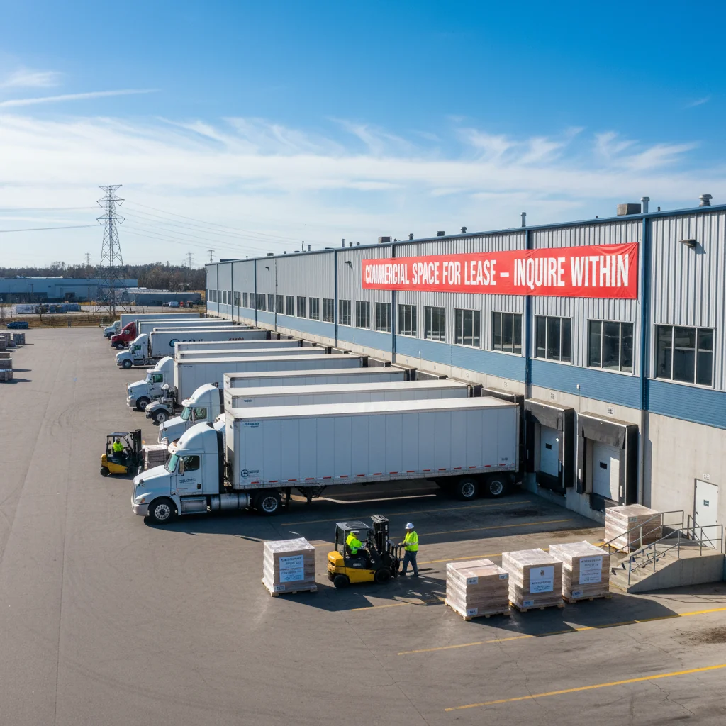 A modern warehouse facility in the US with large bay doors open, workers operating forklifts to load and unload goods from trucks, stacks of pallets and boxes organized neatly, conveying a sense of efficient logistics and commercial leasing activity, vibrant daylight exterior view.