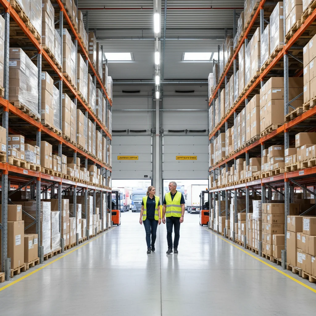 A photorealistic image of a modern, well-organized warehouse storage room in Germany, featuring neatly stacked pallets of goods, industrial shelving, and a leasing agreement concept implied through a professional adult manager inspecting the space with a clipboard, no legal documents visible, emphasizing the functional purpose of a rented warehouse space for business storage needs.