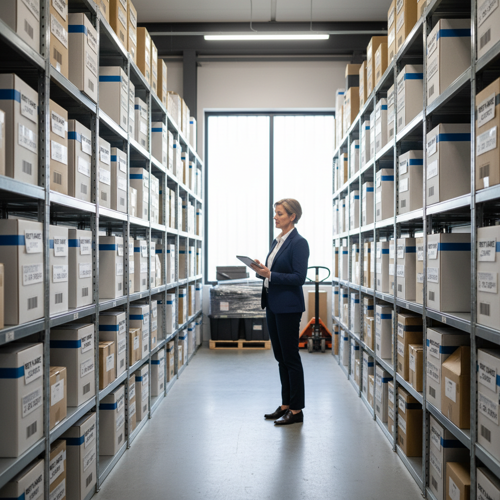 A photorealistic image of a professional adult managing a modern storage room, symbolizing the importance of rental agreements for such spaces, with no children present.
