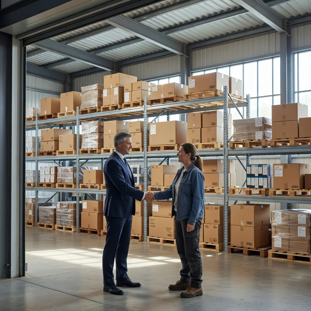A photorealistic image of a modern, spacious warehouse interior with neatly organized storage shelves filled with boxes and goods. In the foreground, an adult professional in business attire is shaking hands with another adult individual, symbolizing a rental agreement for the warehouse space. The atmosphere is professional and secure, highlighting rights and obligations in a lease contract. No children are present in the image.