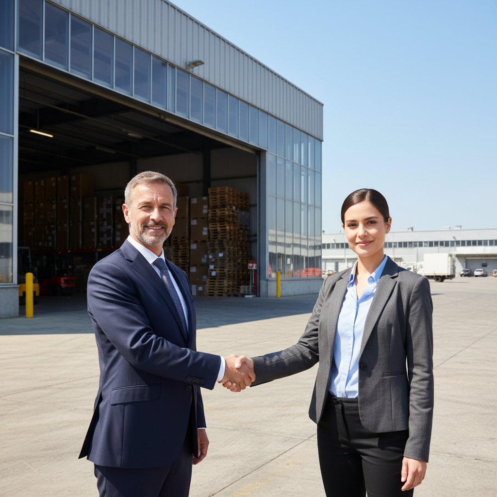 A photorealistic image of a professional businessperson shaking hands with a real estate agent in front of a modern warehouse facility, symbolizing the successful conclusion of a storage space rental contract. The scene is outdoors during a clear day, with the warehouse door slightly open in the background, conveying reliability and business agreement. No children are present in the image.